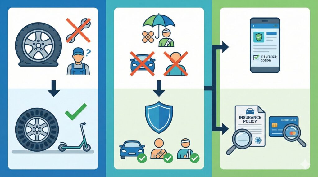 パンク修理や任意保険の加入について