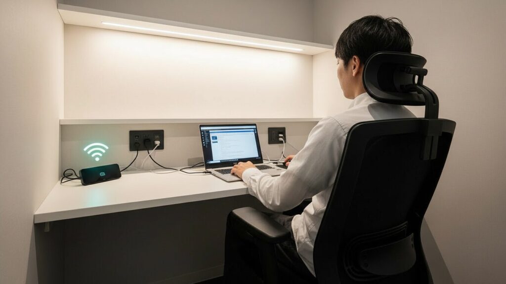 Wi-Fiや電源完備の完全個室で作業環境を整える