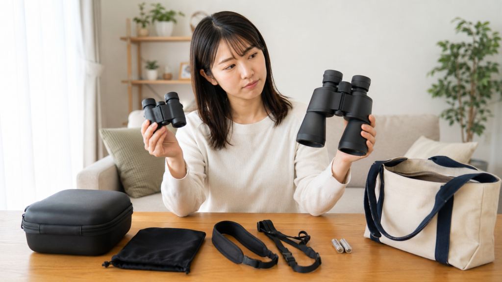 コンパクトな双眼鏡と大型双眼鏡の大きさを比較する女性