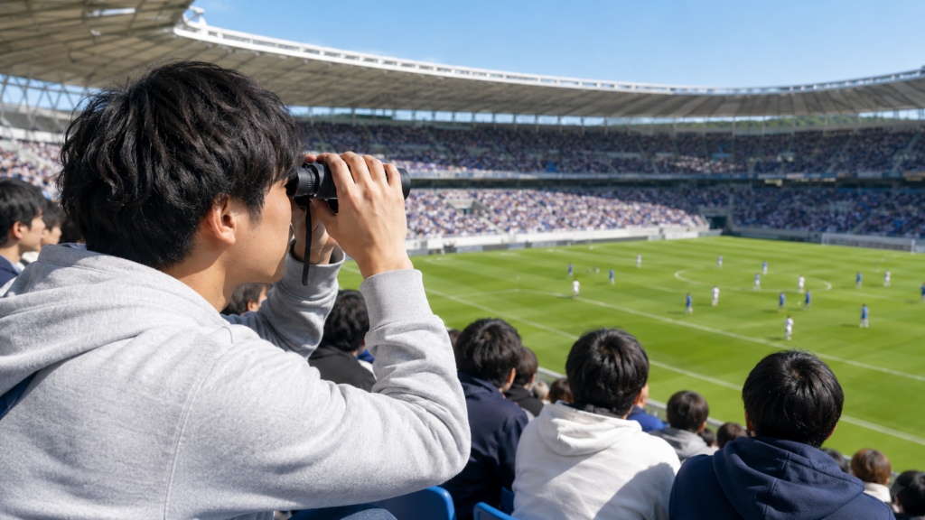 サッカースタジアムで双眼鏡を使って選手を見る観客