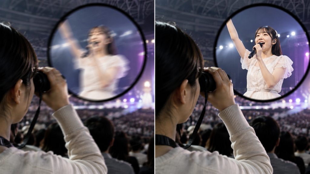防振双眼鏡による手ブレありと手ブレ補正後の見え方の比較